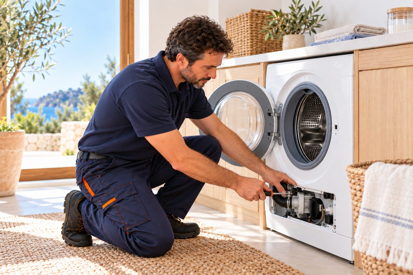 Técnico de SAT VISTA reparando una lavadora en Mallorca